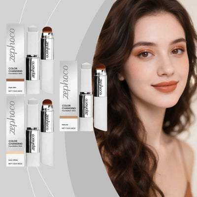 Double-head color-changing foundation stick from Frost Glow Cosmetics, displayed with three shades on a model's face.