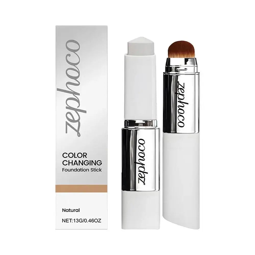Double-head color-changing foundation stick from Frost Glow Cosmetics, displayed with three shades on a model's face.
