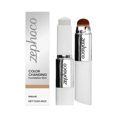 Double-head color-changing foundation stick from Frost Glow Cosmetics, displayed with three shades on a model's face.