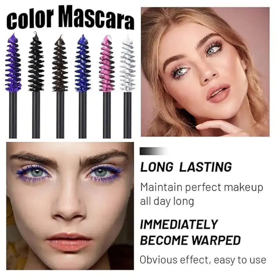 Frost Glow Cosmetics colorful mascara set. Large brush head, non-clumping, smudge-proof in white, purple, blue, silver & coffee.