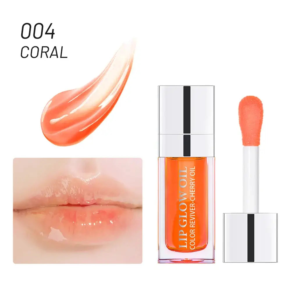 Frost Glow Cosmetics lip oil balms in pink, coral, and berry shades on a pink background.
