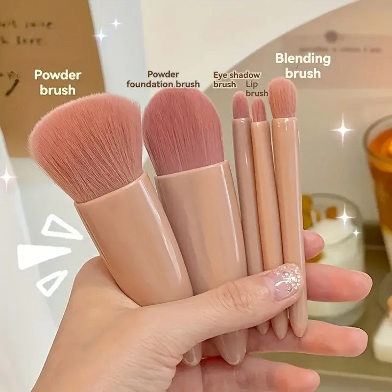 Compact 5pcs portable makeup brush set with foldable mirror. Perfect for travel touch-ups. Shop beauty tools at Frost Glow Cosmetics today!