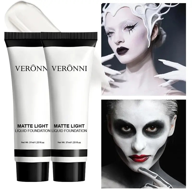 Frost Glow Cosmetics white liquid foundation delivers full coverage, oil control & long-lasting wear for cosplay, Halloween & stage makeup.