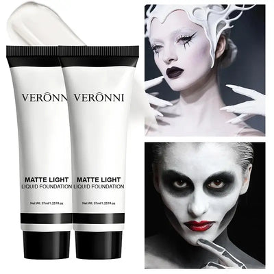 Frost Glow Cosmetics white liquid foundation delivers full coverage, oil control & long-lasting wear for cosplay, Halloween & stage makeup.