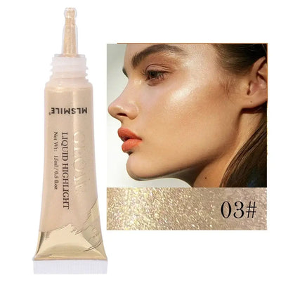 Model showcasing Frost Glow liquid highlighter with radiant skin and glossy makeup look.