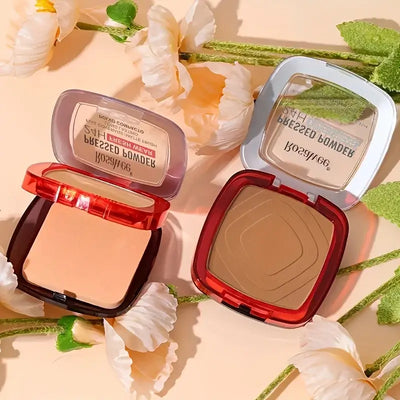 Frost Glow Cosmetics matte pressed powder foundation. Full coverage, 24H wear, weightless finish with puff applicator for all-day makeup.