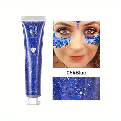 Collage of glamorous Halloween makeup featuring glitter tubes and creative face designs by Frost Glow Cosmetics.
