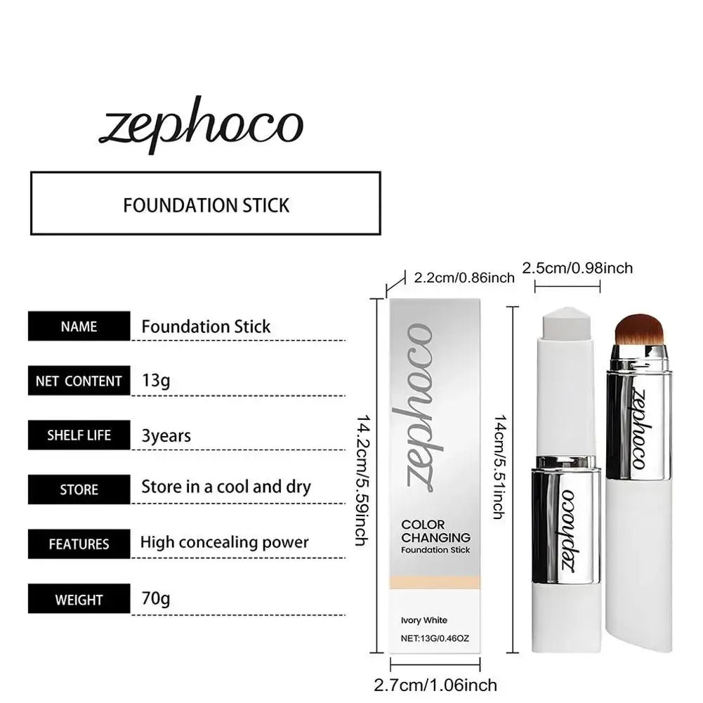 Double-head color-changing foundation stick from Frost Glow Cosmetics, displayed with three shades on a model's face.