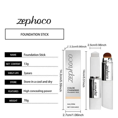 Double-head color-changing foundation stick from Frost Glow Cosmetics, displayed with three shades on a model's face.