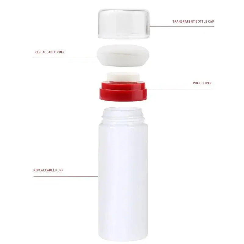 Frost Glow Cosmetics baby powder puff bottle. Compact loose powder container with cap, ideal for travel & storage, random colors.