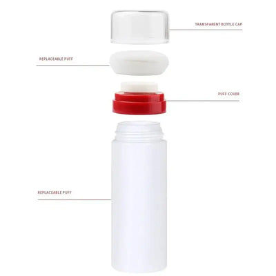 Frost Glow Cosmetics baby powder puff bottle. Compact loose powder container with cap, ideal for travel & storage, random colors.