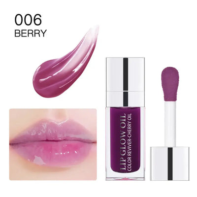 Frost Glow Cosmetics lip oil balms in pink, coral, and berry shades on a pink background.