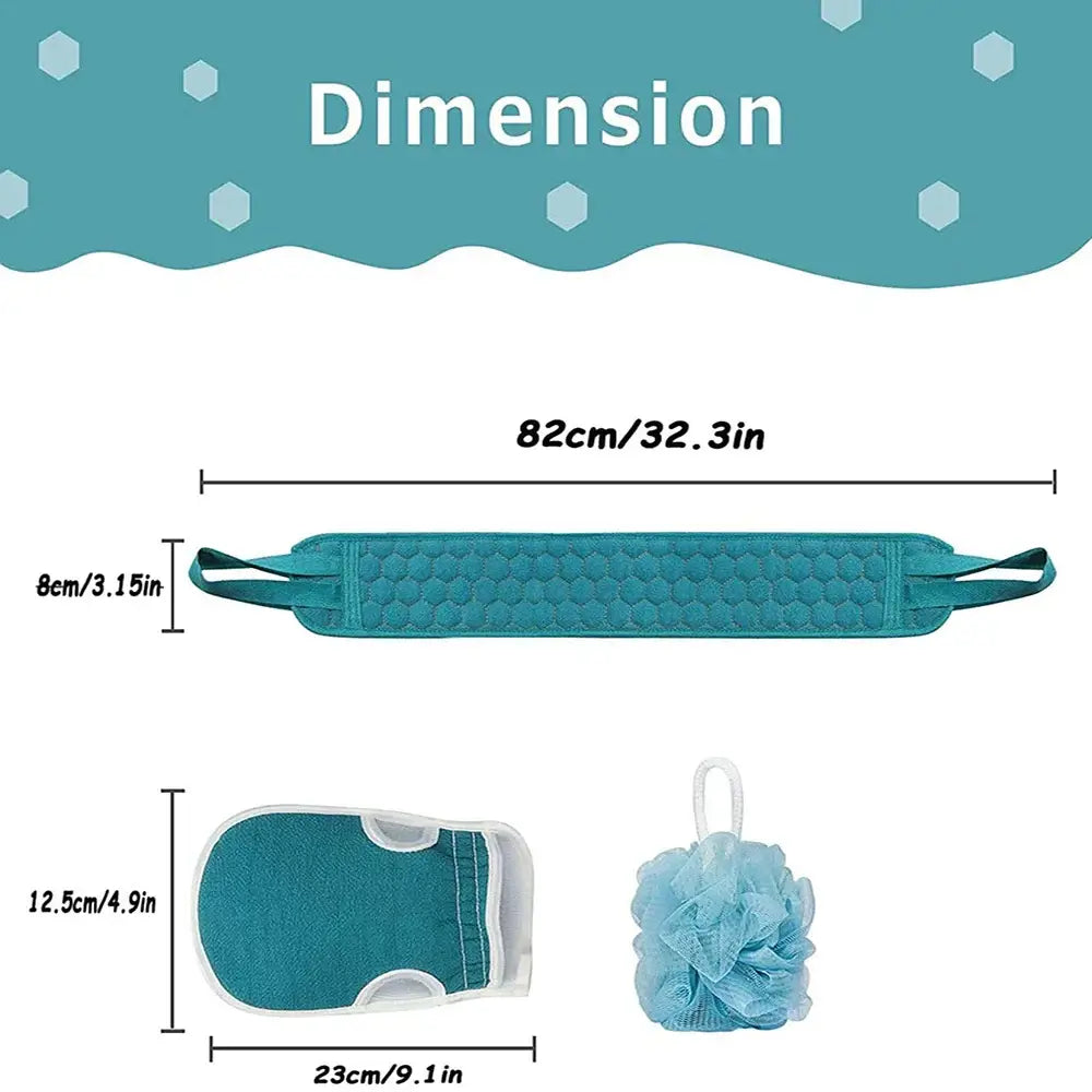 Complete exfoliating set with back scrubber, bath glove & loofah sponge. Smooth, cleanse & refresh skin for a spa-like shower.
