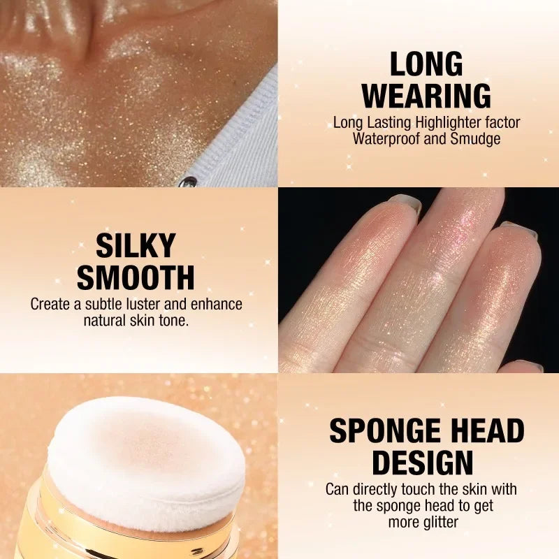 Frost Glow Cosmetics glitter highlighter powder. Diamond glow, pearlescent shimmer for face & body. Long-lasting luminous makeup finish.