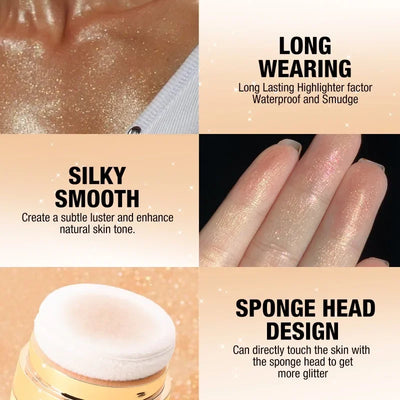 Frost Glow Cosmetics glitter highlighter powder. Diamond glow, pearlescent shimmer for face & body. Long-lasting luminous makeup finish.