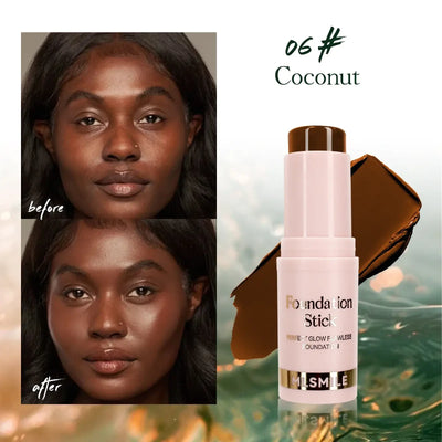 Frost Glow Cosmetics Waterproof Cream Foundation Stick in Golden, showcasing before and after skin transformation.
