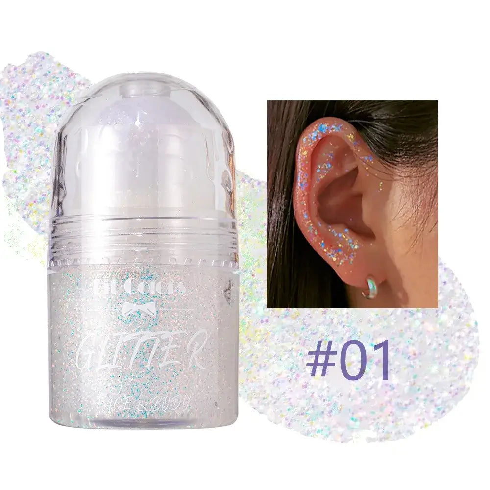 Frost Glow Cosmetics Rolling Ball Gel in various colors, showcasing shimmering effects on face and body for a glowing look.