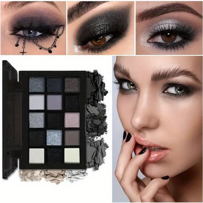 Frost Glow Cosmetics smokey eyeshadow palette. 15 neutral, shimmer & pearly sequin shades for bold punk or soft glam looks.