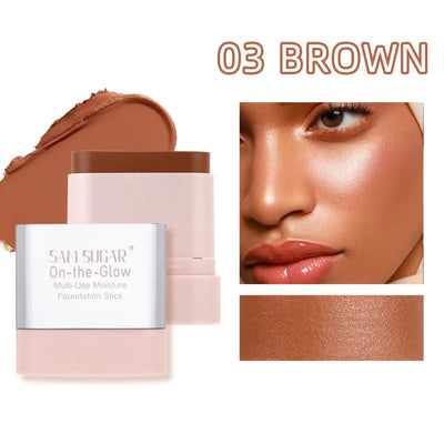 Sam Sugar On-the-Glow Multi-Use Moisture Foundation Stick with swatches and models showcasing radiant makeup looks.