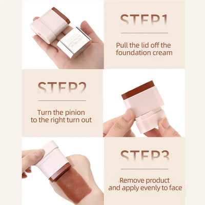 Sam Sugar On-the-Glow Multi-Use Moisture Foundation Stick with swatches and models showcasing radiant makeup looks.