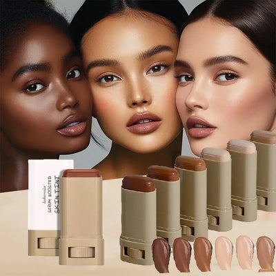 Frost Glow Cosmetics Balm Skin Eraser Stick displayed with various shades and models showcasing diverse skin tones.