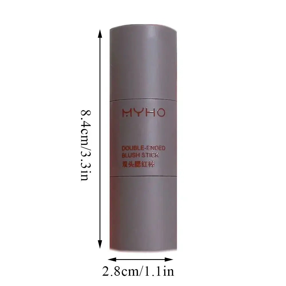 Frost Glow Cosmetics Blush Stick with creamy color swatch on hand and model showcasing a radiant blush application.