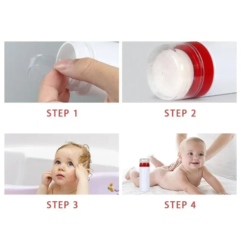 Frost Glow Cosmetics baby powder puff bottle. Compact loose powder container with cap, ideal for travel & storage, random colors.
