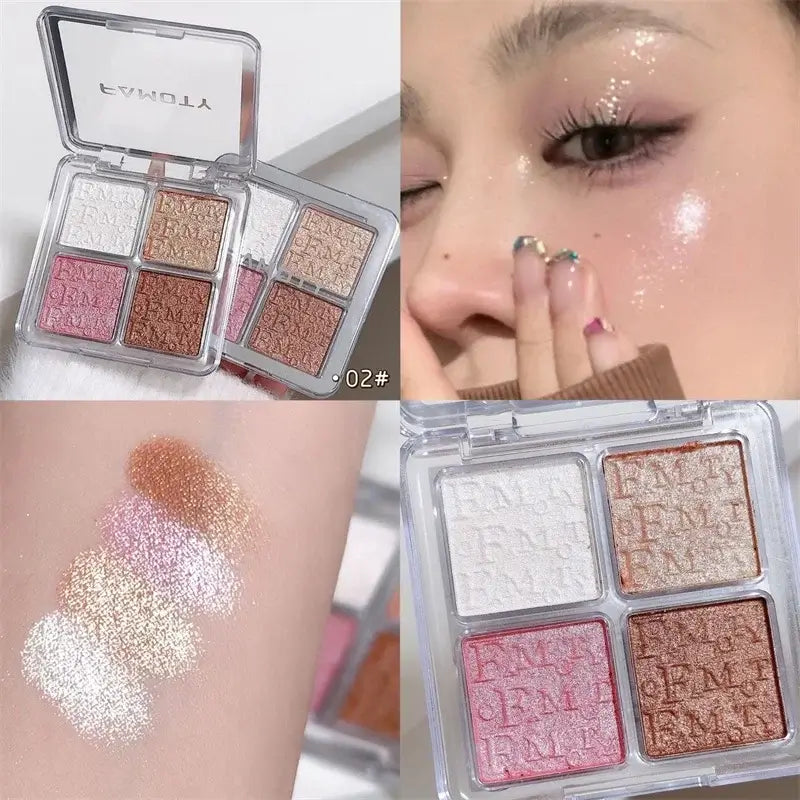 Frost Glow Cosmetics Shimmer Highlighter palette with four shades, featuring models showcasing a glittery makeup look.
