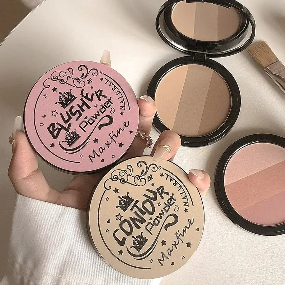 Frost Glow Cosmetics bronzer palette showcasing three contour shades: light, medium, and dark, with application tips.