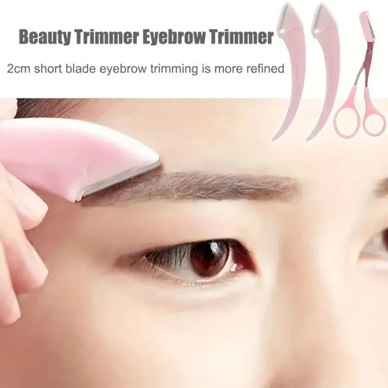 Frost Glow Cosmetics eyebrow trimmer set with curved razor, scissors & comb. Easy beauty tools for shaping brows at home.