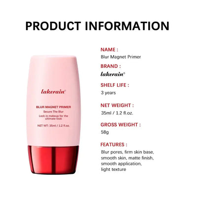 Lakerain Blur Magnet Primer shown in packaging, demonstrating application on skin for a flawless makeup finish.