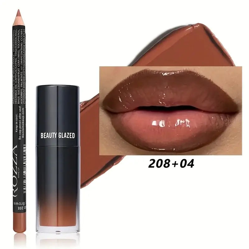 Frost Glow Cosmetics 2pcs lip liner & lip oil set. Waterproof, long-lasting, moisturizing, and plumping lip combo for perfect lips.