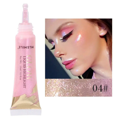 Model showcasing Frost Glow liquid highlighter with radiant skin and glossy makeup look.