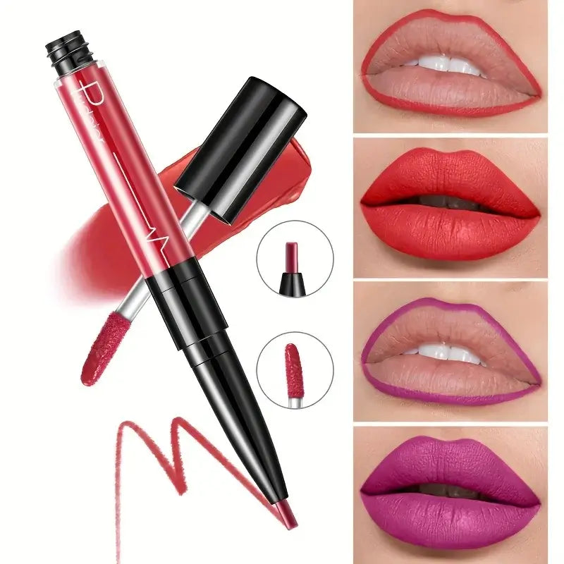Frost Glow Cosmetics lip liner and matte liquid lipstick on beautifully defined lips, showcasing deep burgundy shades.