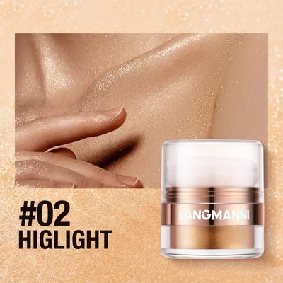 Frost Glow Cosmetics glitter highlighter powder. Diamond glow, pearlescent shimmer for face & body. Long-lasting luminous makeup finish.