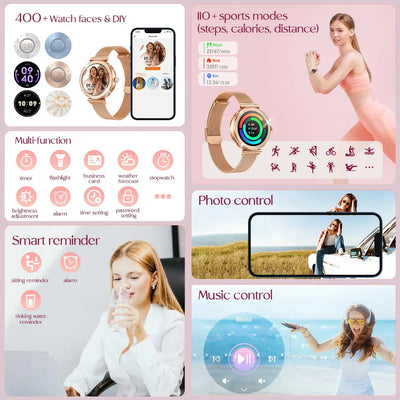 Stay stylish with Frost Glow Cosmetics Women’s Smartwatch – wireless calls, sport modes, IP68 waterproof, fitness tracker & metal strap.