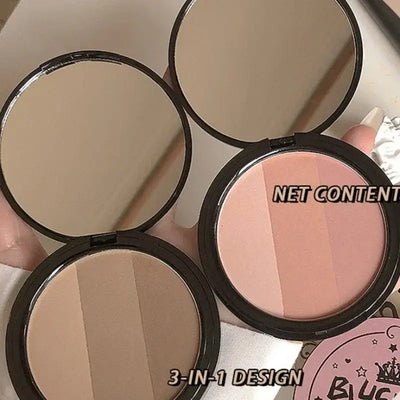 Frost Glow Cosmetics bronzer palette showcasing three contour shades: light, medium, and dark, with application tips.