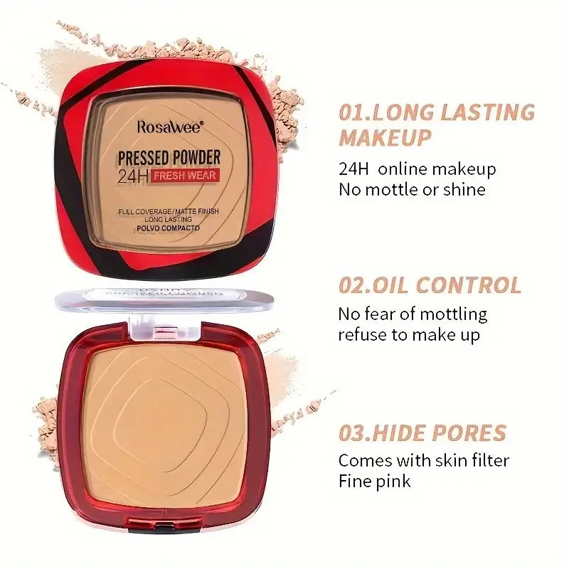 Frost Glow Cosmetics matte pressed powder foundation. Full coverage, 24H wear, weightless finish with puff applicator for all-day makeup.