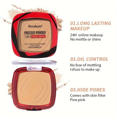 Frost Glow Cosmetics matte pressed powder foundation. Full coverage, 24H wear, weightless finish with puff applicator for all-day makeup.