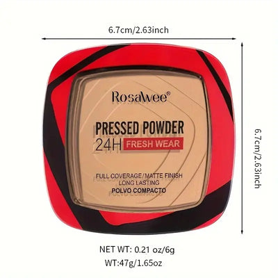 Frost Glow Cosmetics matte pressed powder foundation. Full coverage, 24H wear, weightless finish with puff applicator for all-day makeup.