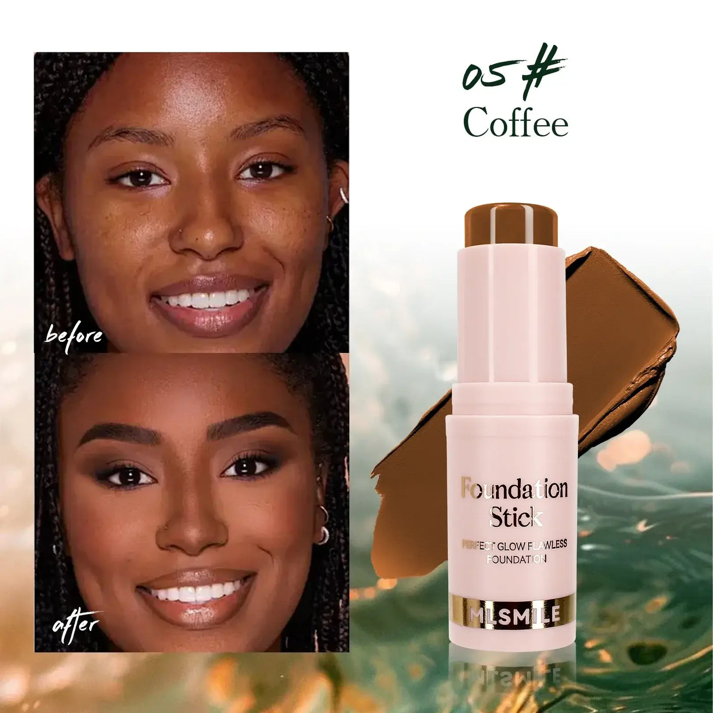 Frost Glow Cosmetics Waterproof Cream Foundation Stick in Golden, showcasing before and after skin transformation.