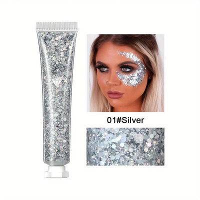 Collage of glamorous Halloween makeup featuring glitter tubes and creative face designs by Frost Glow Cosmetics.