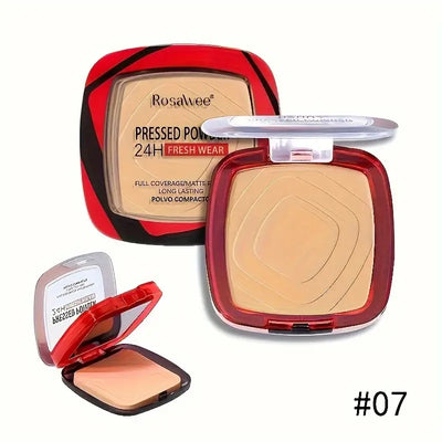 Frost Glow Cosmetics matte pressed powder foundation. Full coverage, 24H wear, weightless finish with puff applicator for all-day makeup.