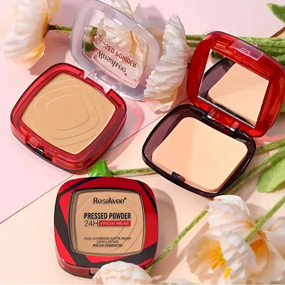 Frost Glow Cosmetics matte pressed powder foundation. Full coverage, 24H wear, weightless finish with puff applicator for all-day makeup.