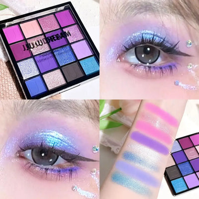Frost Glow Cosmetics 16-color eyeshadow palette. Matte, pearl & glitter shades like Koi, Mermaid & Enchanted Forest for festival looks.