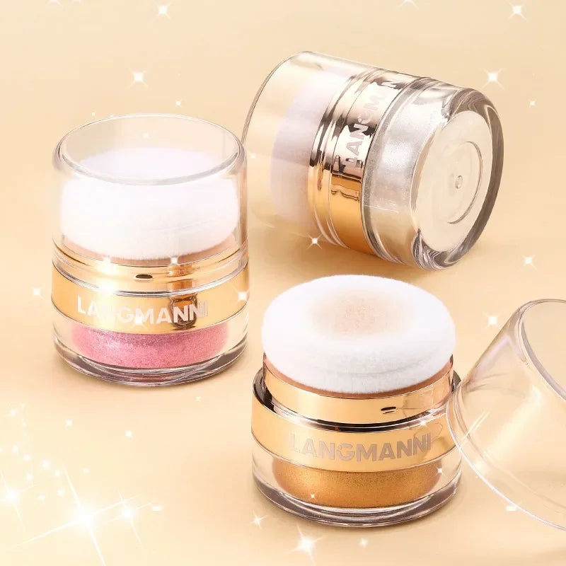 Frost Glow Cosmetics glitter highlighter powder. Diamond glow, pearlescent shimmer for face & body. Long-lasting luminous makeup finish.