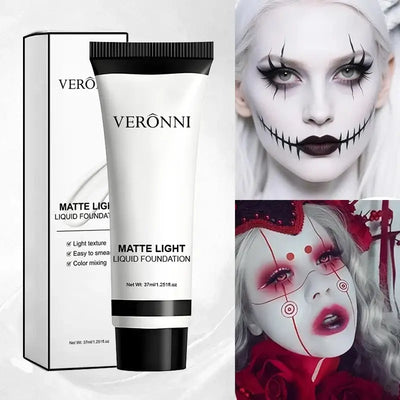 Frost Glow Cosmetics white liquid foundation delivers full coverage, oil control & long-lasting wear for cosplay, Halloween & stage makeup.