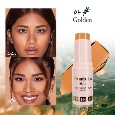 Frost Glow Cosmetics Waterproof Cream Foundation Stick in Golden, showcasing before and after skin transformation.
