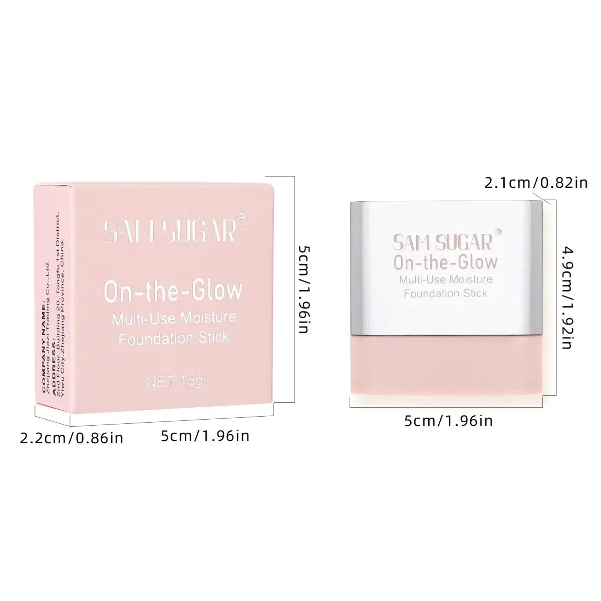 Sam Sugar On-the-Glow Multi-Use Moisture Foundation Stick with swatches and models showcasing radiant makeup looks.