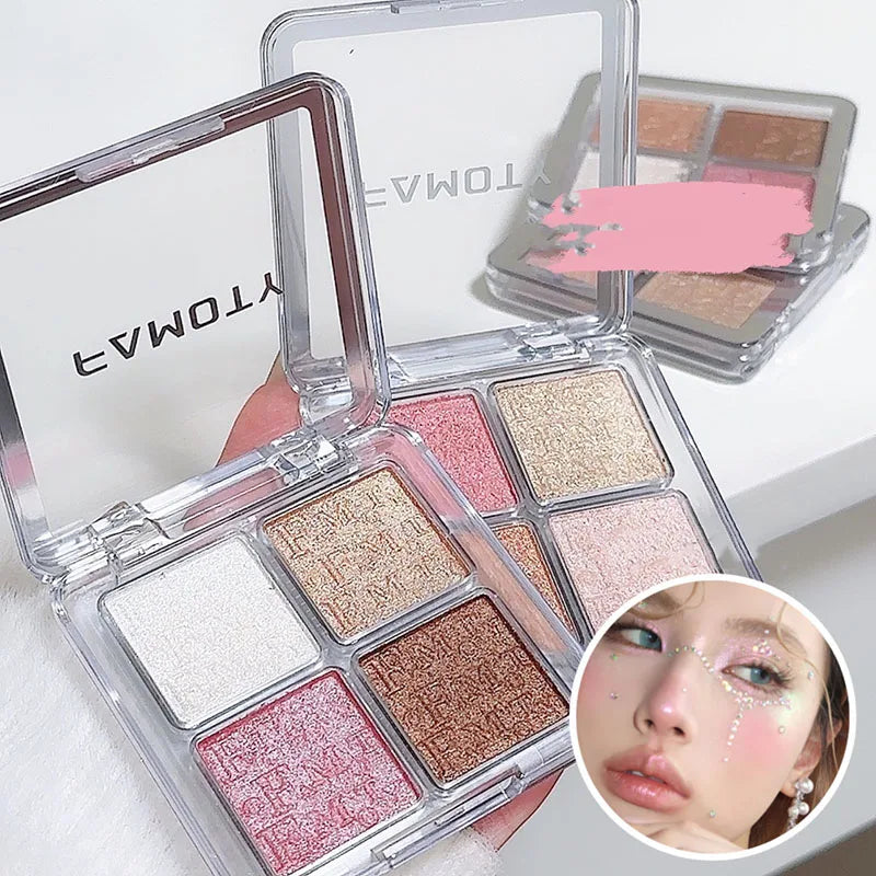 Frost Glow Cosmetics Highlighter Powder Palette showcasing shimmer shades and swatches on skin for a radiant glow.